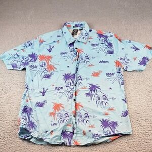Volcum Mens XL Button Up Short Sleeve Shirt Hula Girls All Over Print Blue